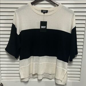 DKNY Black and Ivory StripeShort Sleeve Knit Lightweight Sweater Top